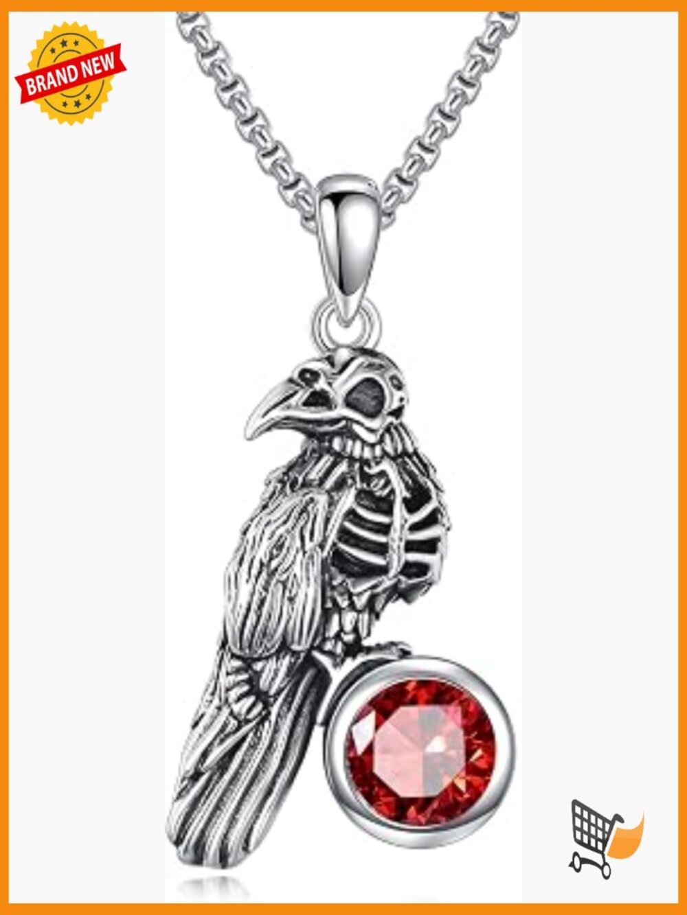 Raven Skeleton Crow Pendant Necklace Gothic Punk Bird Jewelry with Red Crystal